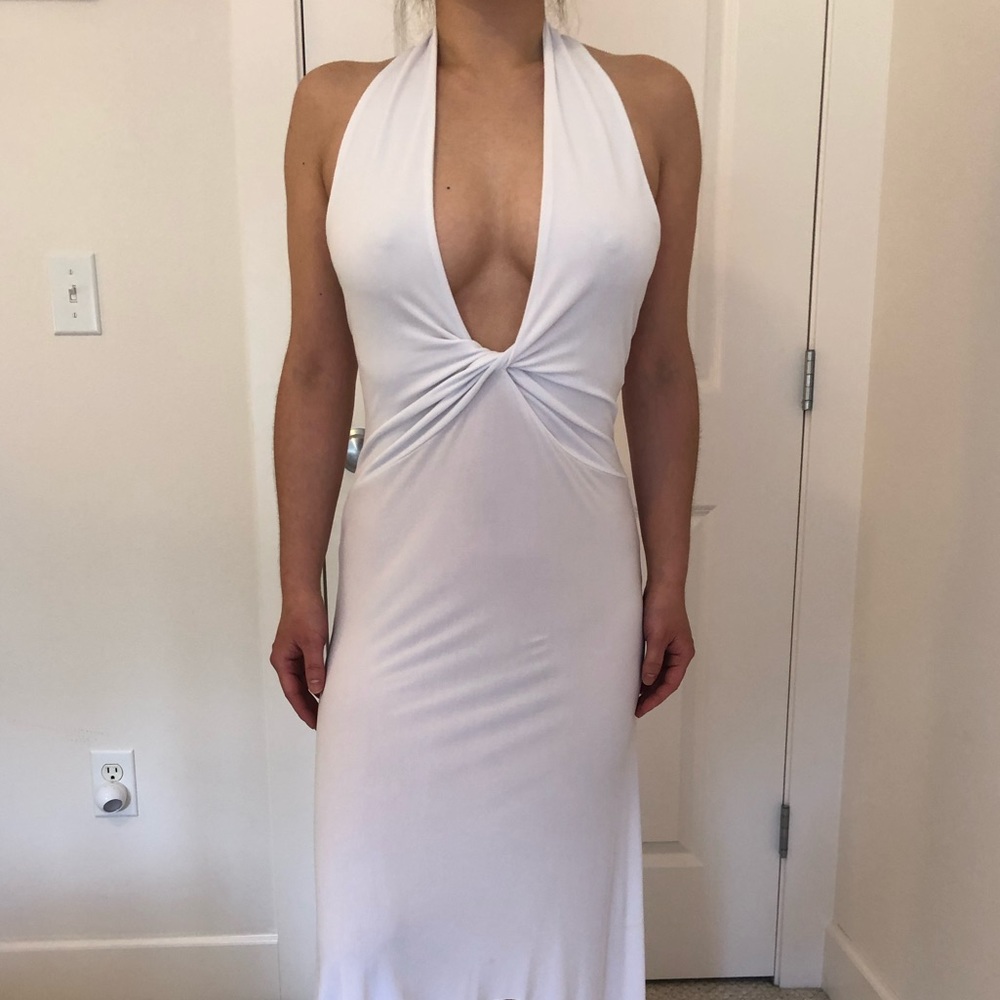 White deep V-neck floor length dress